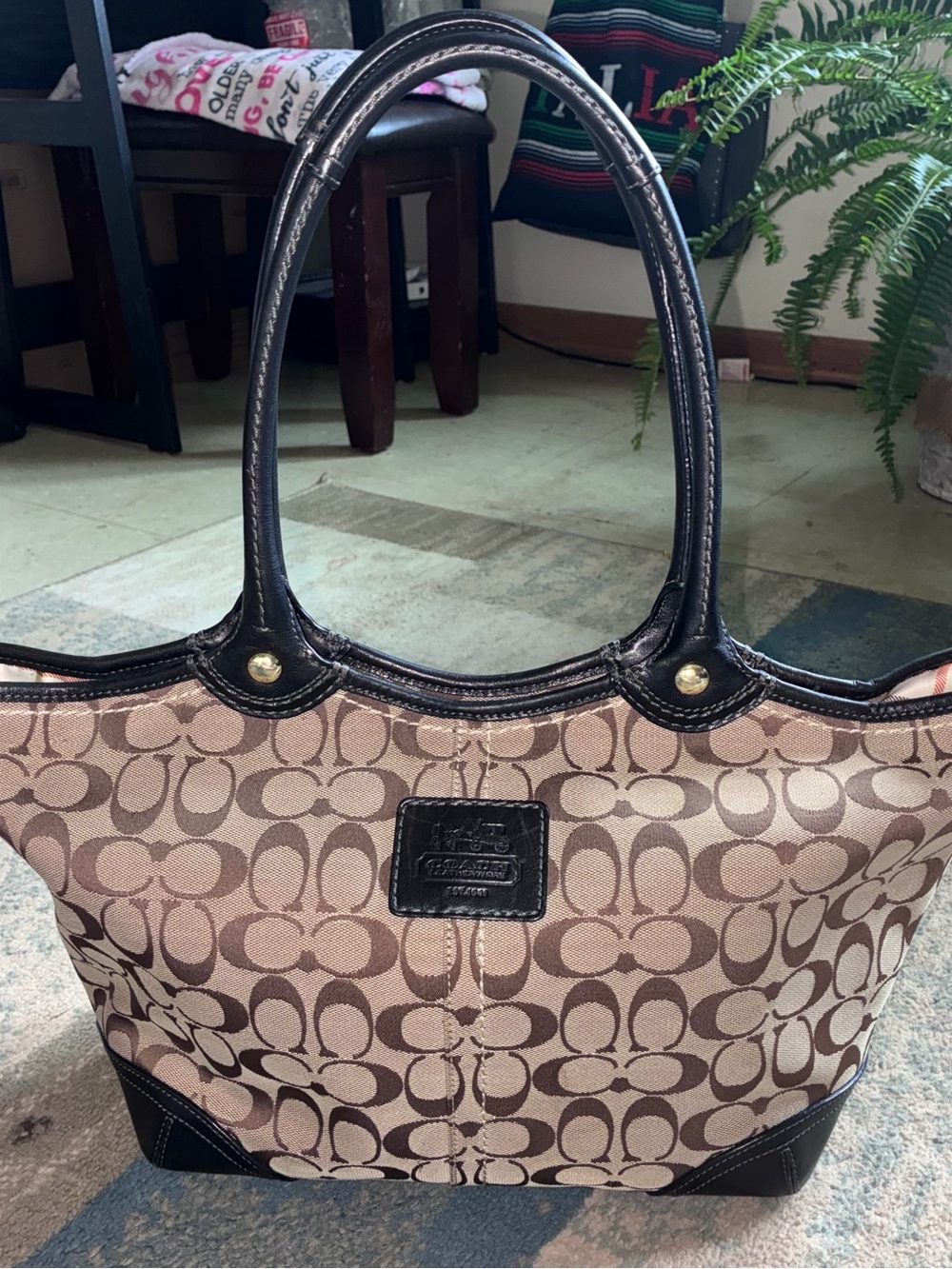 COACH NWOT BLEEKER TATTERSALL Brown Signature Logo Tote with Dark Leather Trim
